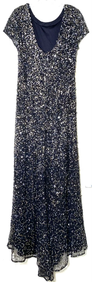 ADRIANNA PAPELL 午夜金属亮片装饰网眼长裙带火车 14 — 第 4/4 张图片