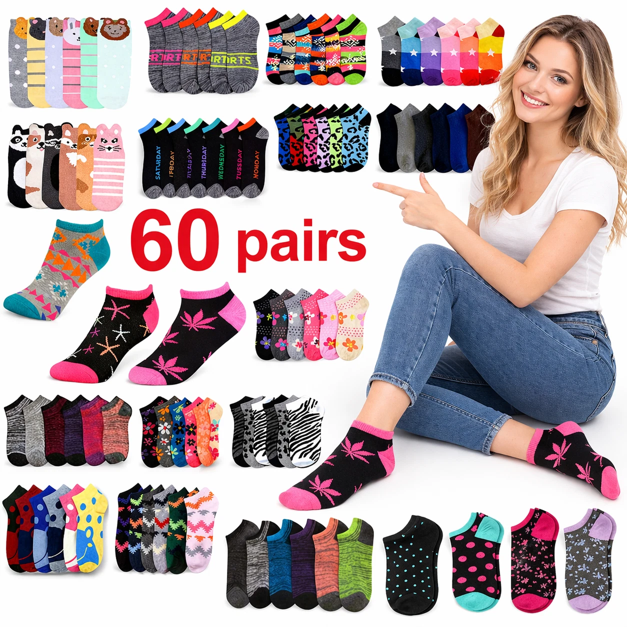 60 Pairs Women Lowcut Ankle Socks - Mixed Patterns & Colors Size 9-11 Wholesale