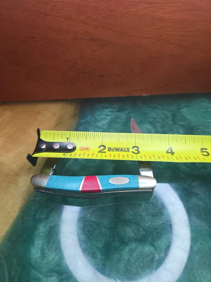 Southwestern Style Pocket Knife – Turquoise & Coral Stone Inlay Handle – 3.5”  - Image 4 of 4