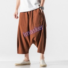 Summer Wide Leg Pants Men's Cotton Linen Shorts Casual Loose Low Crotch Baggy