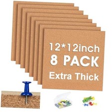 Square Cork Bulletin Board Tiles - 8Pack Extra Thick 12x12 Inches 8 pack Brown