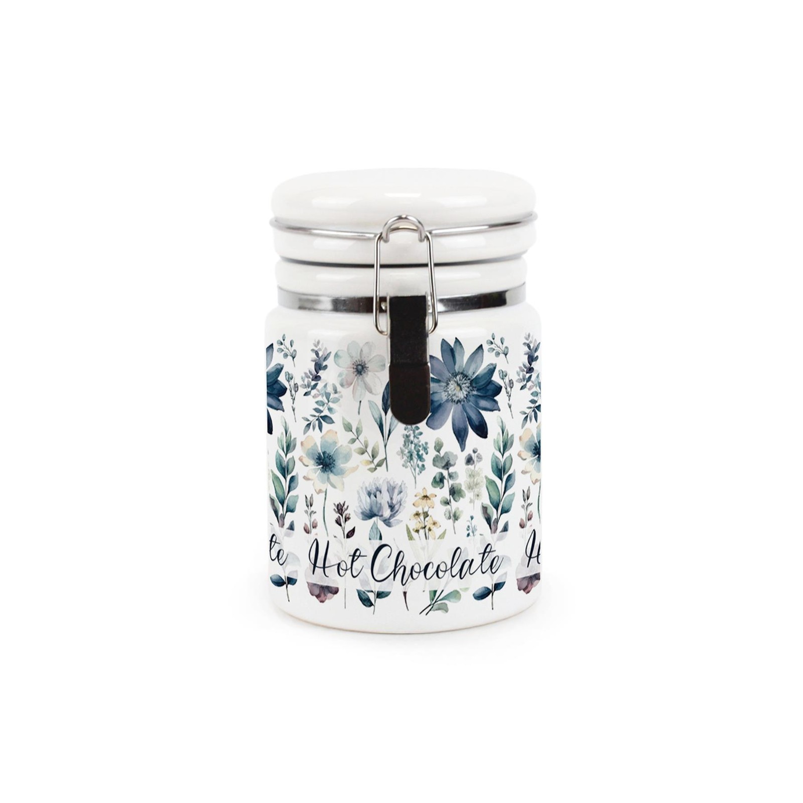 Ceramic Clip-Lid Blue Flowers Canister - Floral Hot Chocolate Storage Container