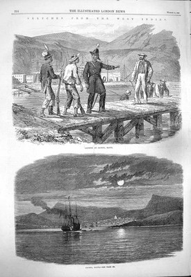 Original alter antiker Druck 1865 Westindien Jacmel Hayto Siers Schiff Berge