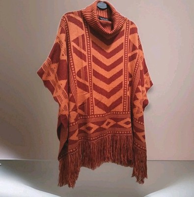 Colleen Lopez Turtleneck Poncho Sweater Women XS/S Earthy Tones Boho Fringe Hipp