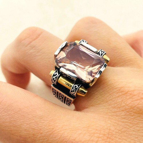 Herren simulierter Morganit Pink 925 Sterlingsilber Ring handgefertigt authentisches Geschenk - Bild 2 von 9