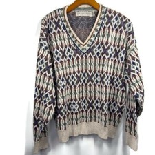 Grandpa Vintage Crossings Fine Line  V-neck Chunky Patterned Sweater Size Large
