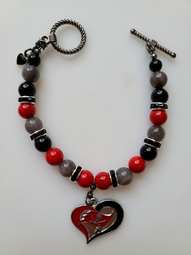 Tampa Bay Buccaneers Bracelet Football Red Gray and Black Gemstones Silver Clasp - Picture 8 of 10