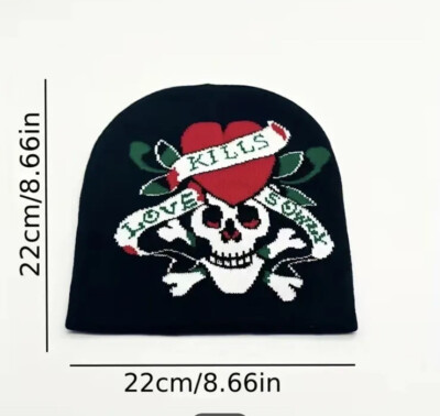 Black Skull Beanie with Red Heart Skull and Rose Crochet Slouchy Hat. Sugar Skull Beanie  main image 3