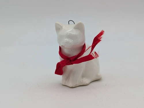 Vintage Midwest Japan Ceramic Sitting Cat With Red Bow 2"tall Christmas Ornament