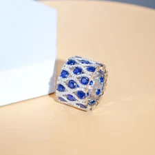 Silver Plated Blue Tennis Wide Round Finger Ring CZ Cubic Zirconia for Brides