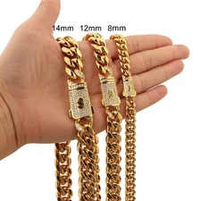 8-14MM  Stainless Steel  18k Gold Plated Miami Hip Hop Cuban Chain or Bracelet F
