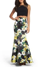 XSCAPE FLORAL SATIN TWO-PIECE MERMAID BLACK/YELLOW BALL-GOWN DRESS sz 2