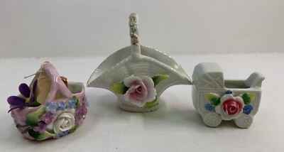 Lot Of Three Figurines Two Baskets & One Baby Carriage Vintage Porcelain Japan