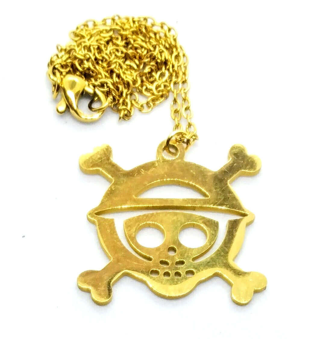 ONE PIECE NECKLACE Gold Luffy Jolly Roger Pirate Ace Logo