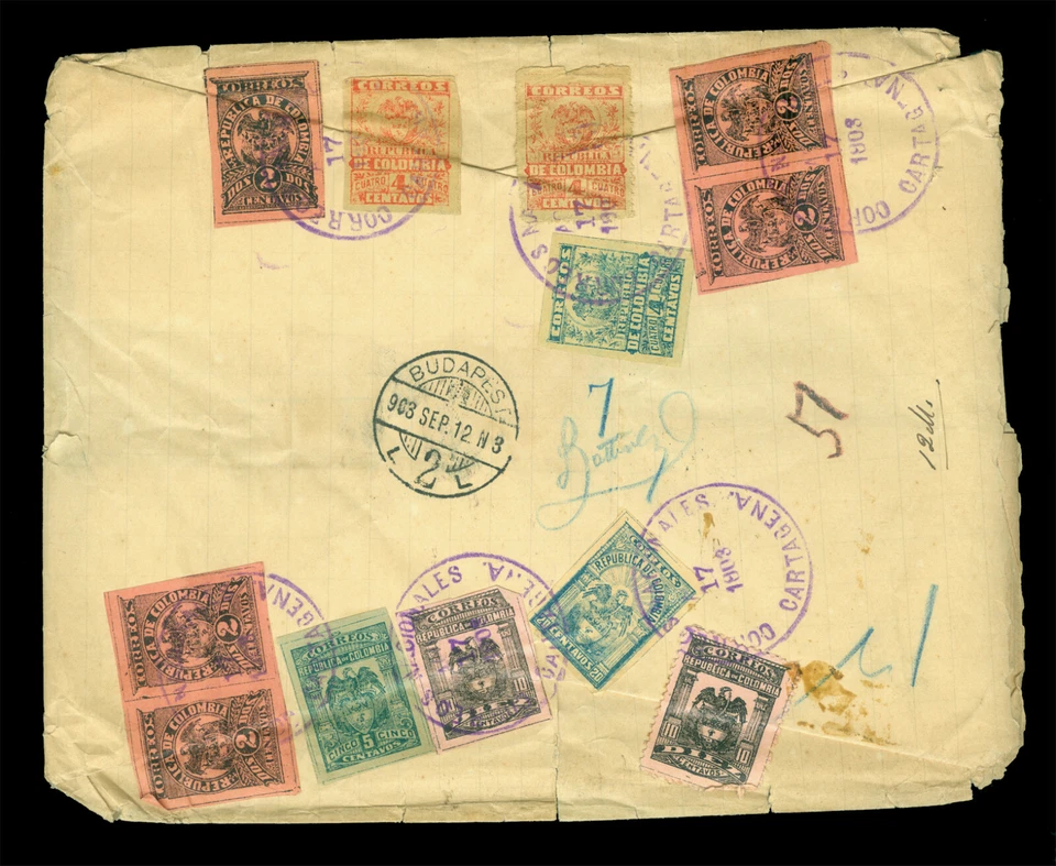 COLOMBIA 1903 Multifranked Cubierta Registrada a Budapest con altos valores 10p, 5p++ Foto 2 de 2