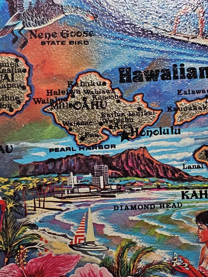 Vintage Hawaiian KEN HAAG Islands Souvenir Tray Round Gold Blue Surfer Map Art - Image 3 of 4