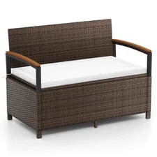 Outdoor Storage Bench w/Cushion Backrest & Acacia Wood Armrests Hidden Storage