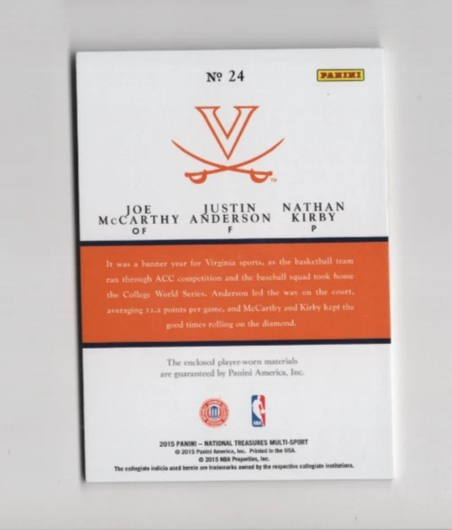 JOE MCCARTHY JUSTIN ANDERSON NATHAN KIRBY 2015 NATIONAL TREASURES 3 PATCH #D/99 - Image 2 of 2