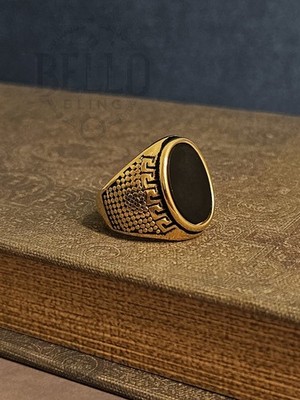 Men's Black Onyx Oval Ring Vintage Greek Pattern Gold Plated Signet Style
