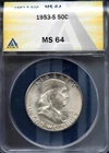 1953-S 50c Franklin Half-dollar MS 64 OMS ANACS # 7914124 + Bonus