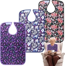 Waterproof Adult Bibs for Women, 3 Pack with Crumb Catcher, Washable