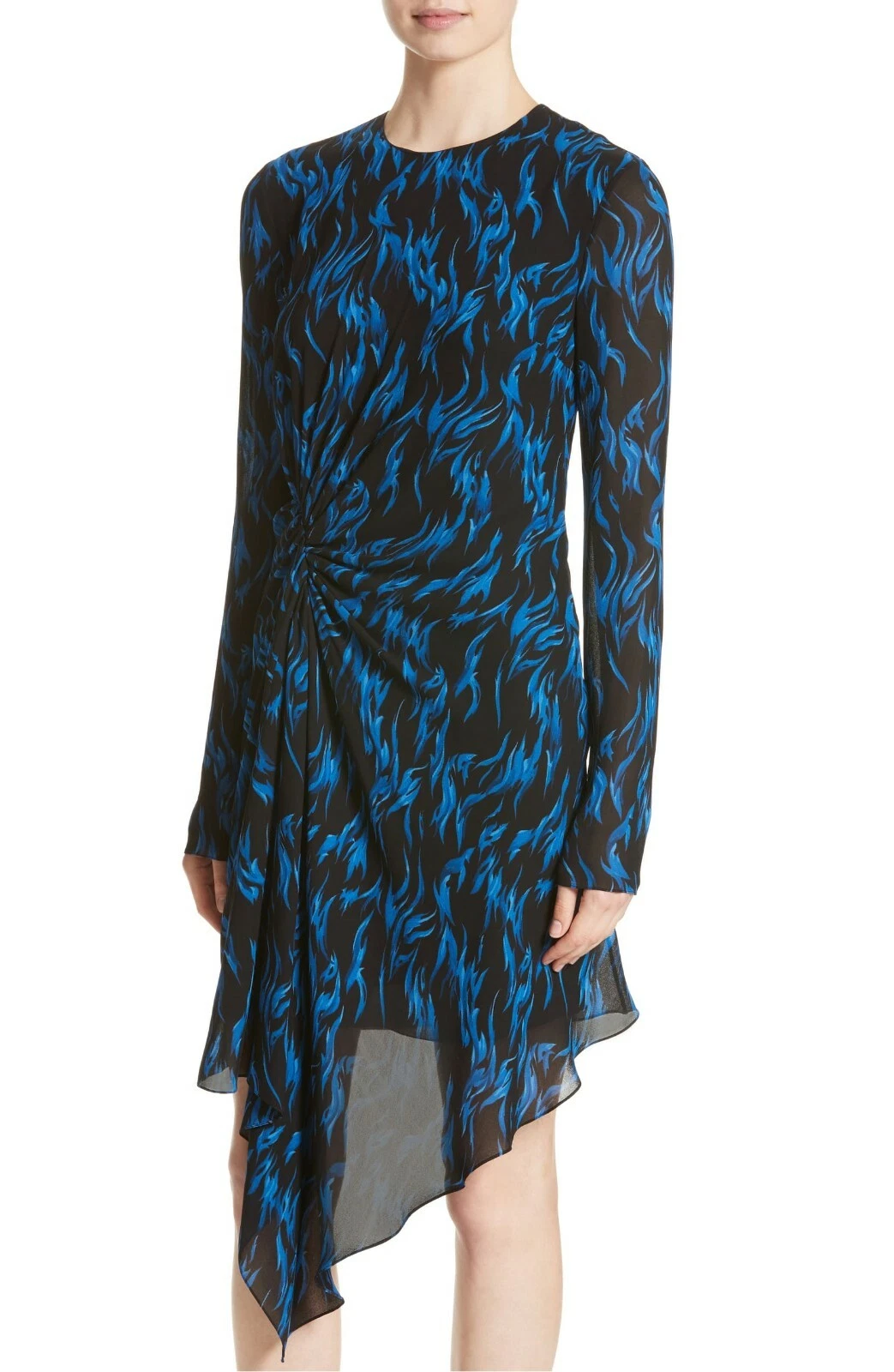 SAINT LAURENT (YSL) Abito asimmetrico in crepe seta SAINT LAURENT blu fiamma nera stampa asimmetrica 12 US 44IT