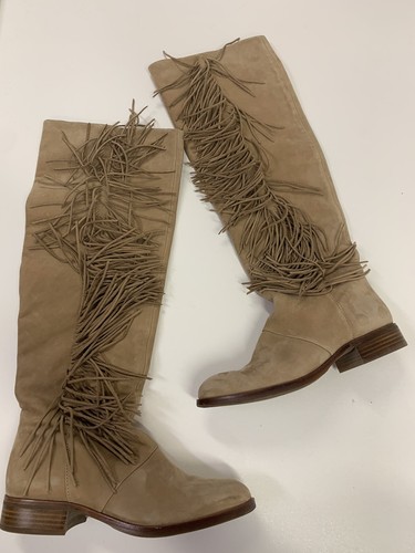 Sam Edelman Josephine Tan Camel Fringe Tall Cowhide Leather Boots Size 8 Pull On
