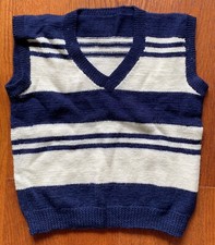 New Hand-Knitted Navy/White V Neck Cozy Vest Size 7-10 Years