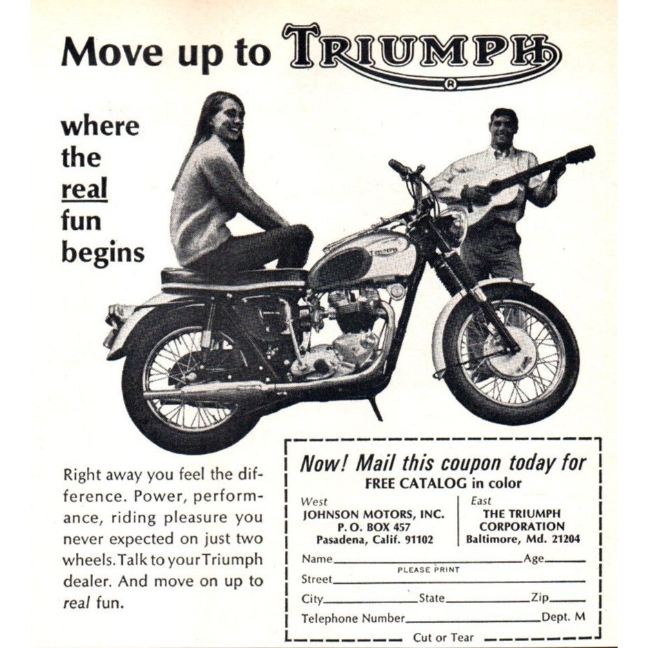40’s 50’s ビンテージ　トライアンフ　モーターサイクル　ポスター 1966 Triumph Motorcycle Vintage Print Ad Man Guitar Brunette 5