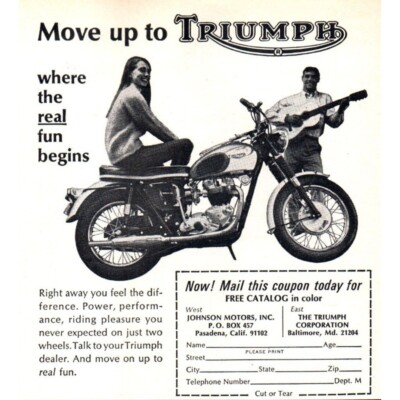 1966 Triumph Motorcycle Vintage Print Ad Man Guitar Brunette 5