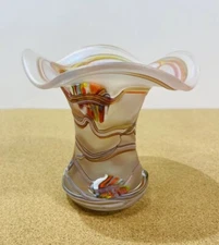 Studio Art Glass Splatter Vase Iridescent Unsigned Vase 5” tall 6” Diameter