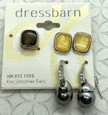 Dressbarn Faux Pearl Stud Drop Earring Set Golden Yellow Silver tone 90's style