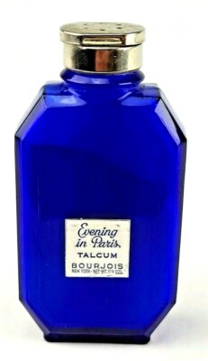 Vintage Evening in Paris Bourjois Talcum Powder Cobalt Blue Glass Bottle Full