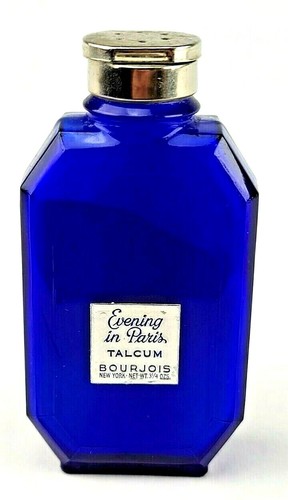 Vintage Evening in Paris Bourjois Talcum Powder Cobalt Blue Glass Bottle Full