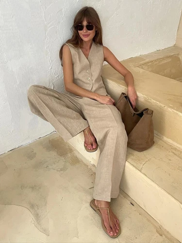 Women's Linen Cotton Vest and Pants Fashionable Summer Two-piece Set - Picture 7 of 25
