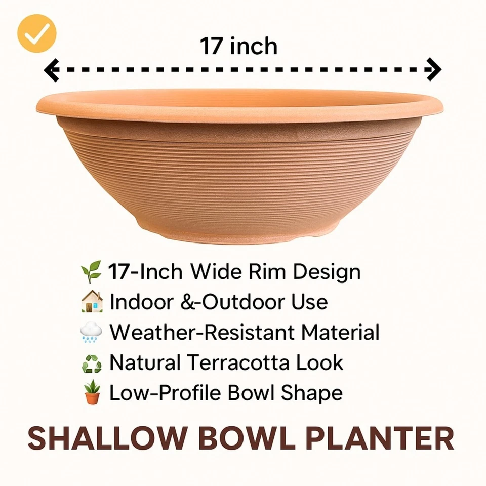 Helix 17-Inch Shallow Bowl Planter Terracotta Look Indoor/Outdoor Weather Resist - Image 4 of 4