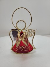 Stained Glass Angel Candle Holder Red Playing Harp Plus-One-Tea Light Christmas
