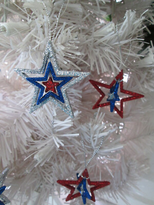 8 ASST  2'' Patriotic Red Silver & Blue Glitter Star Spinner Ornaments, July 4th