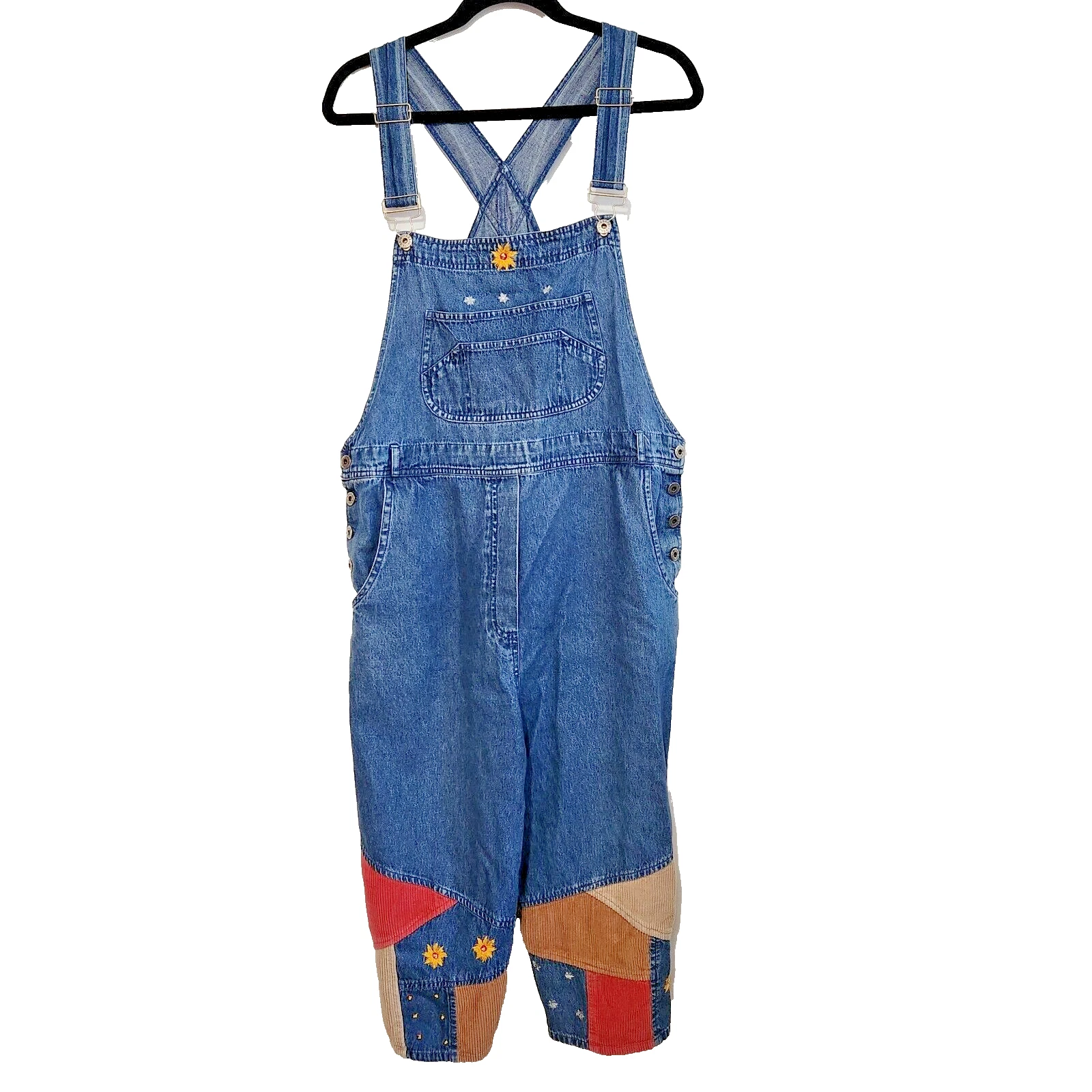 Vintage Patchwork Overalls Denim Corduroy Adult XL Colorblock Baggy Cropped 90s