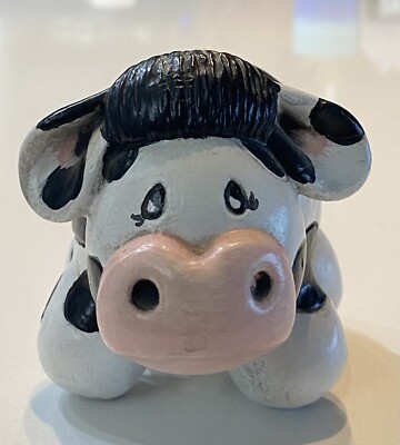 Vintage Small Cow Figurine Rustic White Black Spots Farmhouse Cottage Farm Decor