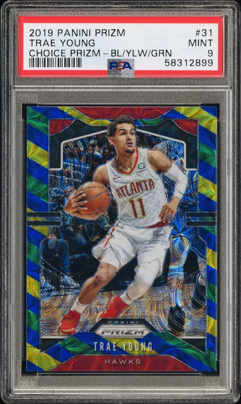 2019 PANINI PRIZM TRAE YOUNG #31 CHOICE PRIZM BLUE YELLOW GREEN PSA 9
