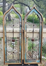 SET OF 2 Distressed Turquoise Window Wood Iron 36" x 11.75" Panels Wall Hangings