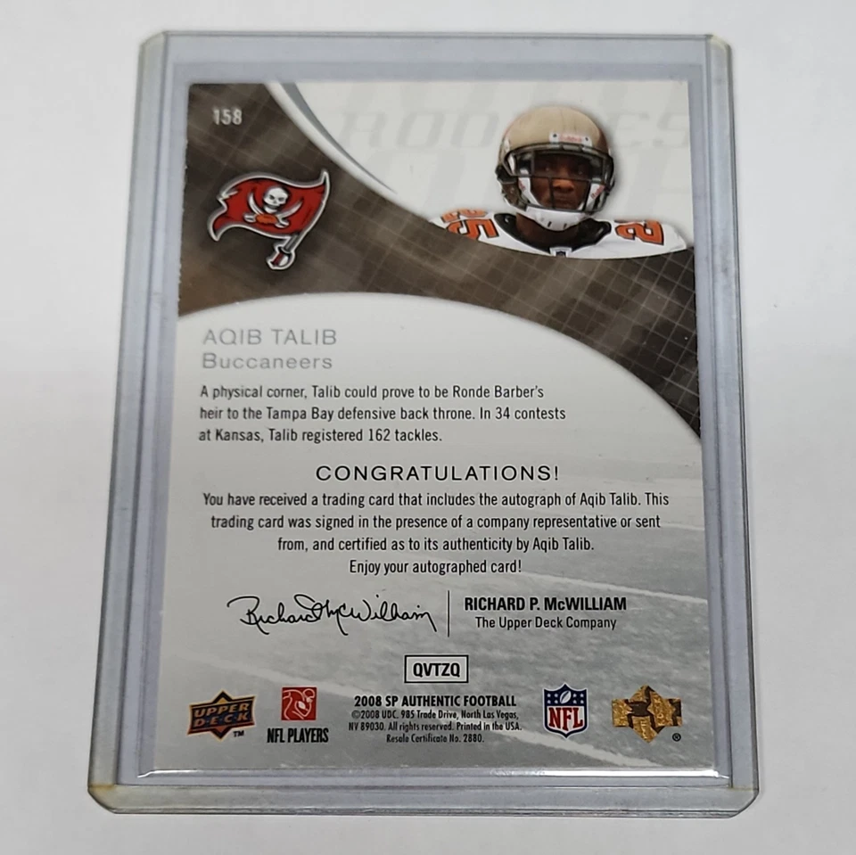 2008 SP Authentic - Rookie Signatures Aqib Talib #158 (AU, RC) - Image 2 of 2