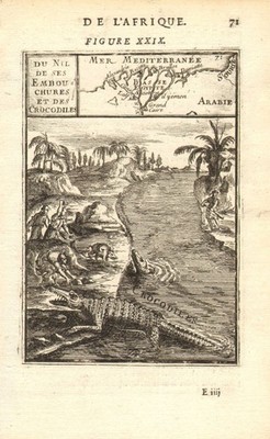 NIL DELTA. Karte zeigt Städte. Flussblick mit Krokodilen. Ägypten. MALLET 1683
