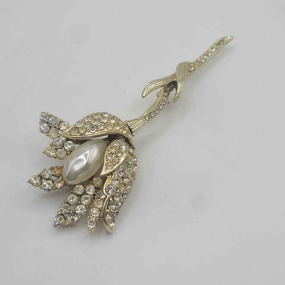 Vintage Coro Brooch Rhinestone Flower Faux Pearl Signed Gold Tone READ - Image 3 of 4