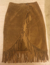 VINTAGE 1980s STYLEWORKS Genuine Leather Suede Fringe Wrap Boho Cowgirl Skirt