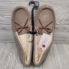 Secret Treasures Plush Lined Suede Moccasin Slipper Stone Indoor Outdoor Size 10