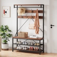 4-in-1 Coat Rack Shoe Bench Entryway Bench With 8 Hooks and 3-Tier Storage Shelf