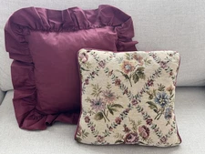 Vintage Small Pillow Set Jacquard Floral Maroon Ruffle Cottage Core Granny Core