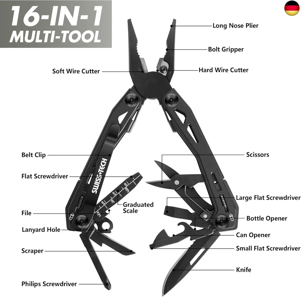 Swiss+Tech Multitool 16 in 1, Multifunktionszange Edelstahl Faltbares - Bild 2 von 4